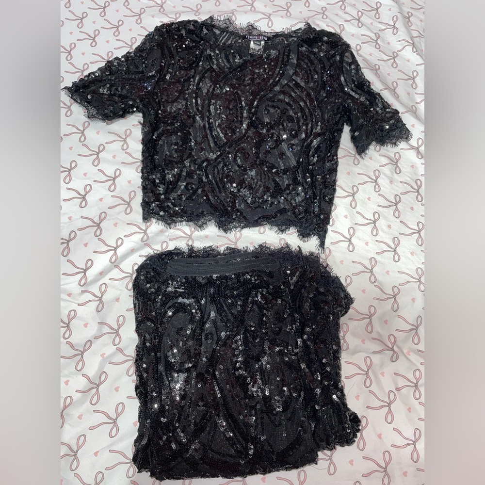 Fashion nova Elegant Black Evening 2pc sequence set EUC!! - Picture 9 of 9